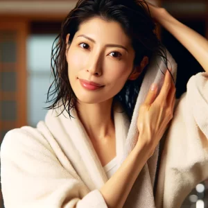 濡れた髪を乾かす薄毛の女性